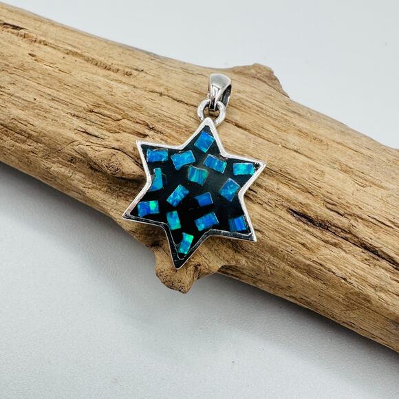 Sterling Silver Mosaic Lab Opal Star of David Pendant, Jewish Star - Picture 1 of 7